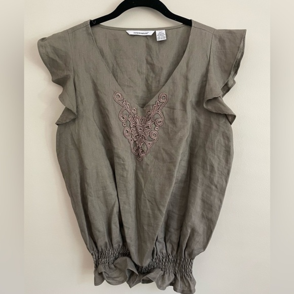 Richard Malcolm Women’s 100 % Linen Blouse Short Cap Ruffle Sleeve Large‎ Taupe